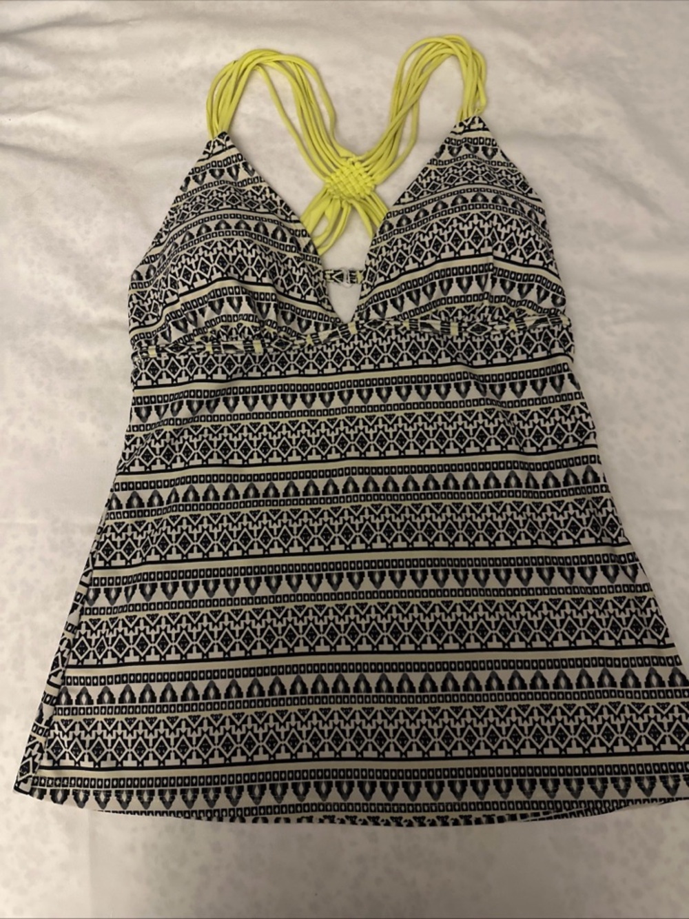 SO Black & White Geometric Tankini Top with Neon Yellow Trim